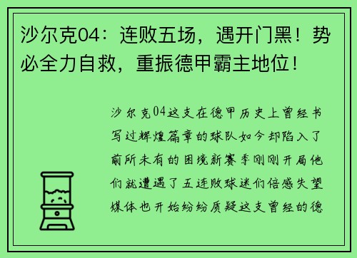 沙尔克04：连败五场，遇开门黑！势必全力自救，重振德甲霸主地位！